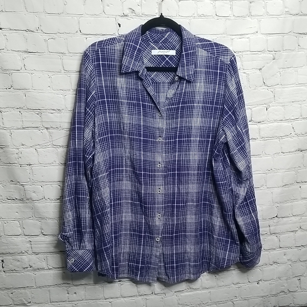 Foxcroft NYC Blue Plaid Buttondown Shirt Large